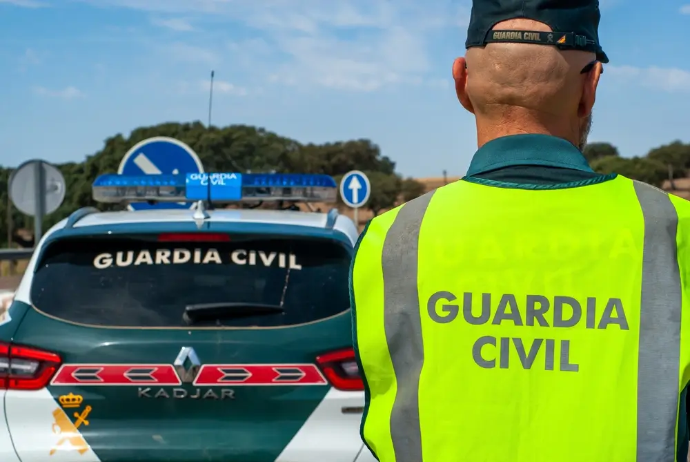 Agente de la Guardia Civil de tráfico con chaleco reflectante junto a un coche patrulla en una vía interurbana.