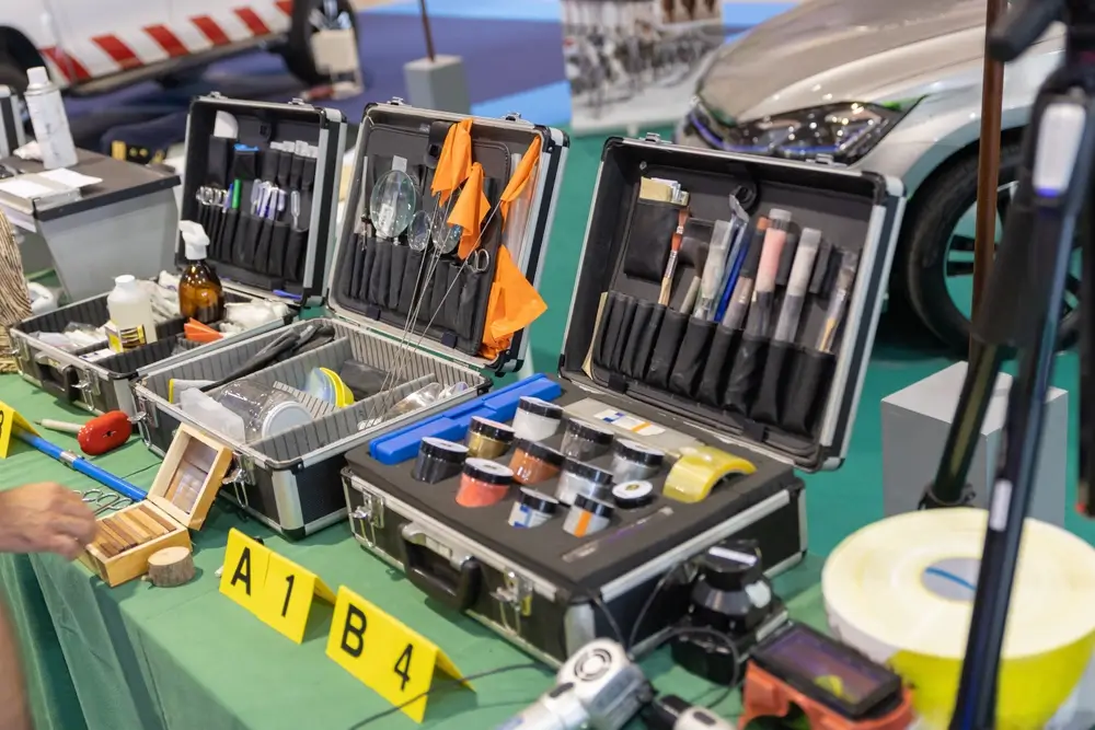 Equipo policial y material técnico de investigación forense expuesto en maletines sobre una mesa de trabajo.