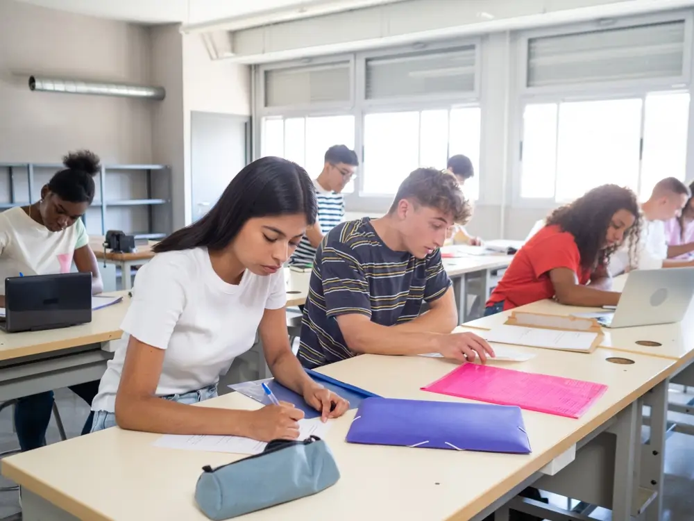 Estudiantes concentrados en un aula realizando un examen o test de oposición con material de estudio.