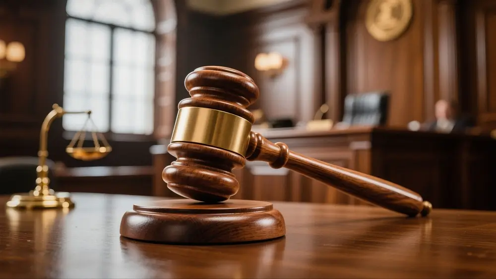 Mazo de juez y balanza de justicia dorada en un tribunal, representando el control judicial de la investigación.